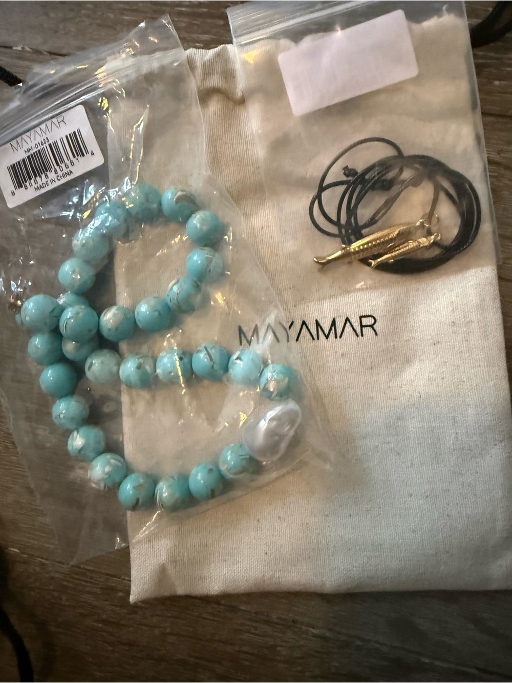 Mayamar turquoise and mother of pearl beads with a genuine freshwater pearl